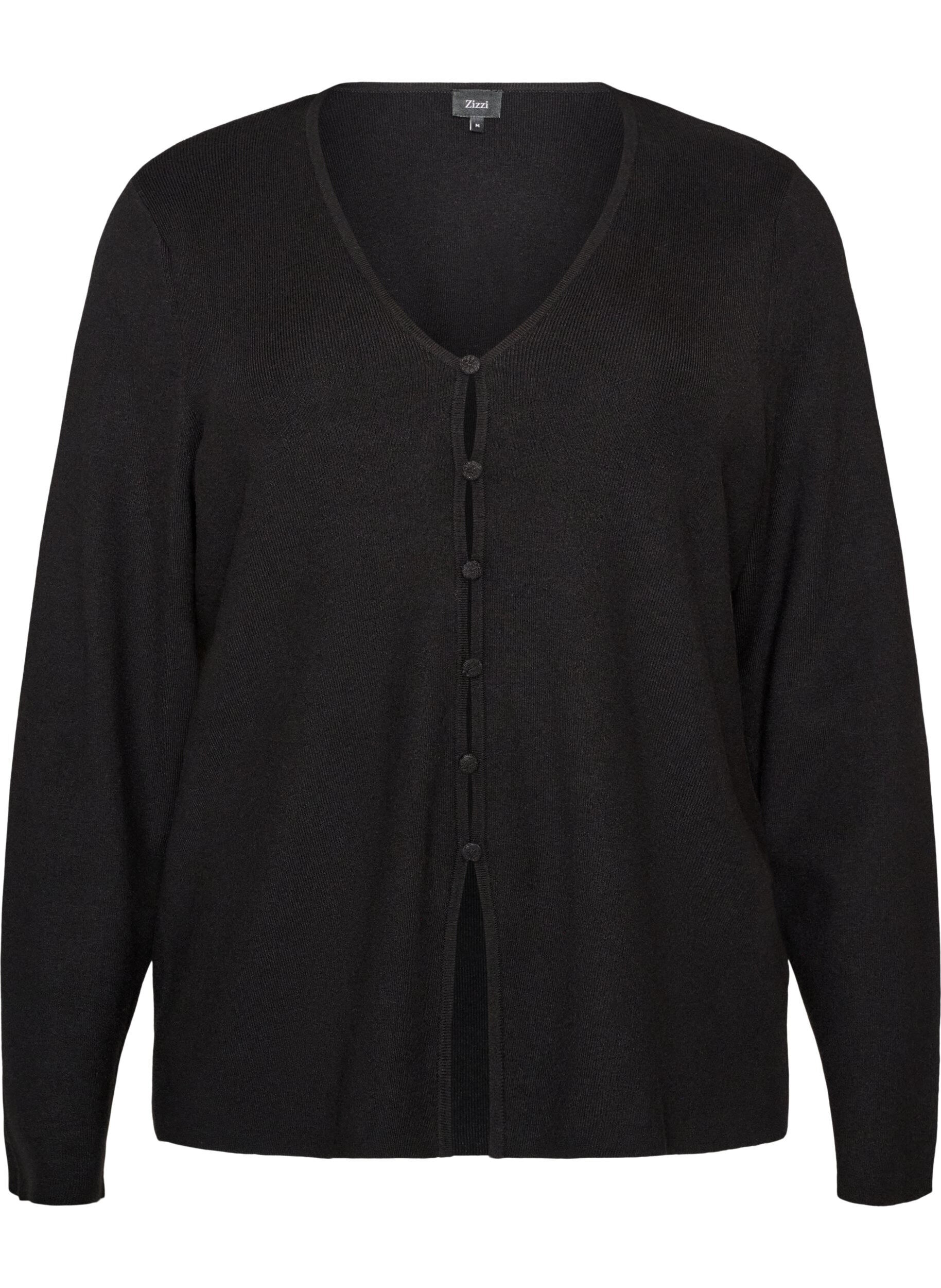 ZizzifashionFine-knit cardigan with fabric-covered buttons, Black, Packshot image number 0