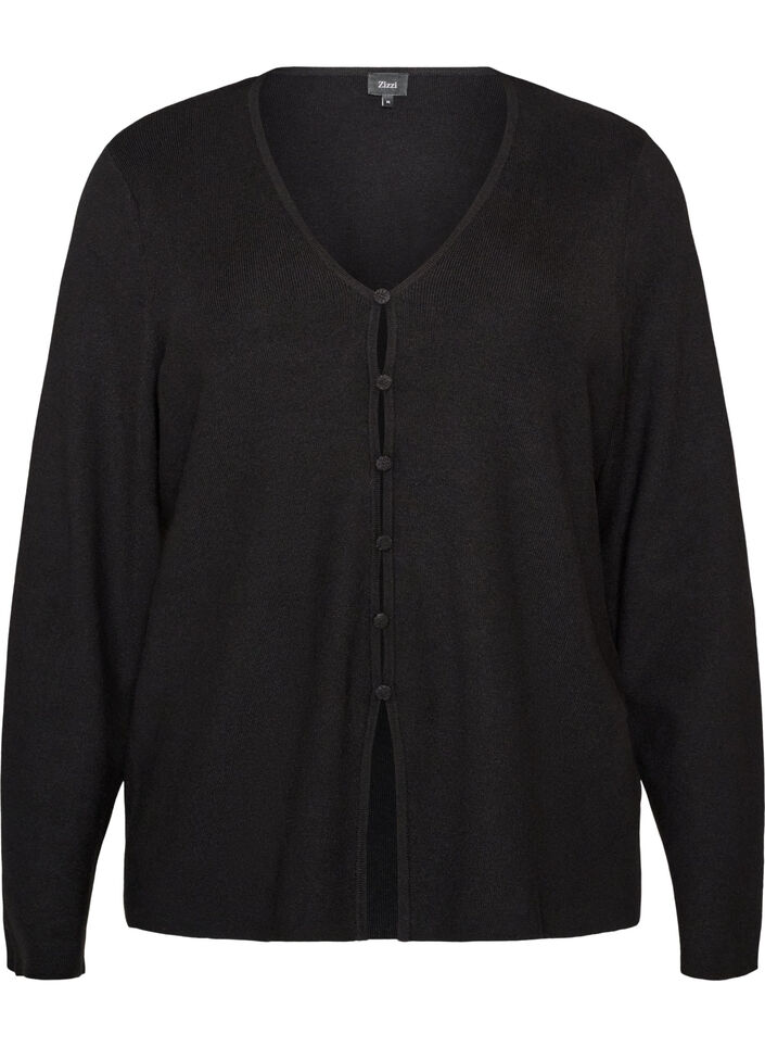 Fine-knit cardigan with fabric-covered buttons, Black, Packshot image number 0