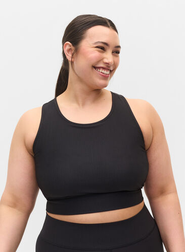 	Tight fitting crop top with rib texture, Black, Model image number 0