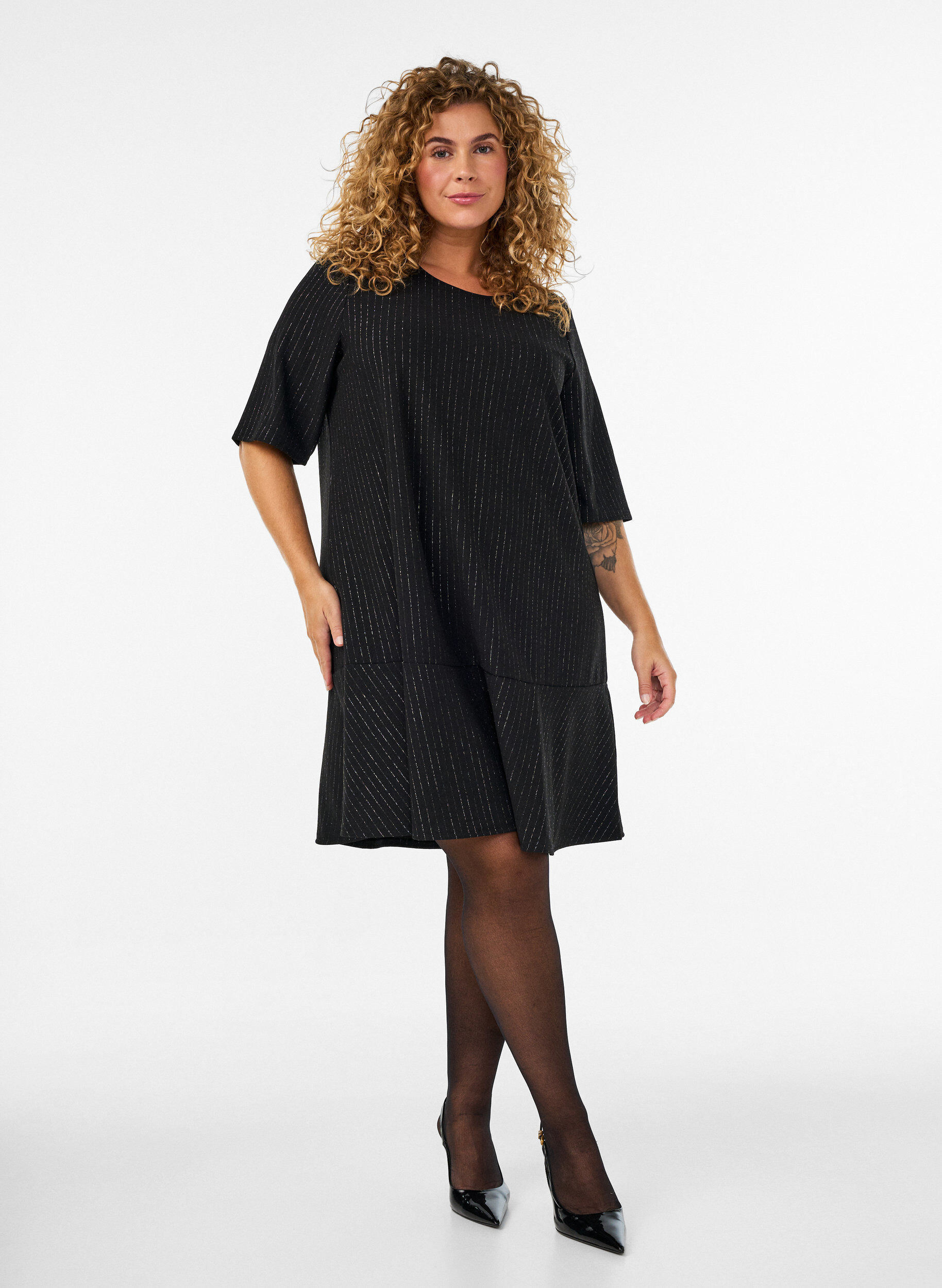 ZizzifashionShort A-line dress with glitter stripes, Black, Model image number 1