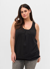 Cotton top with rounded neckline and lace trim, Black, Model