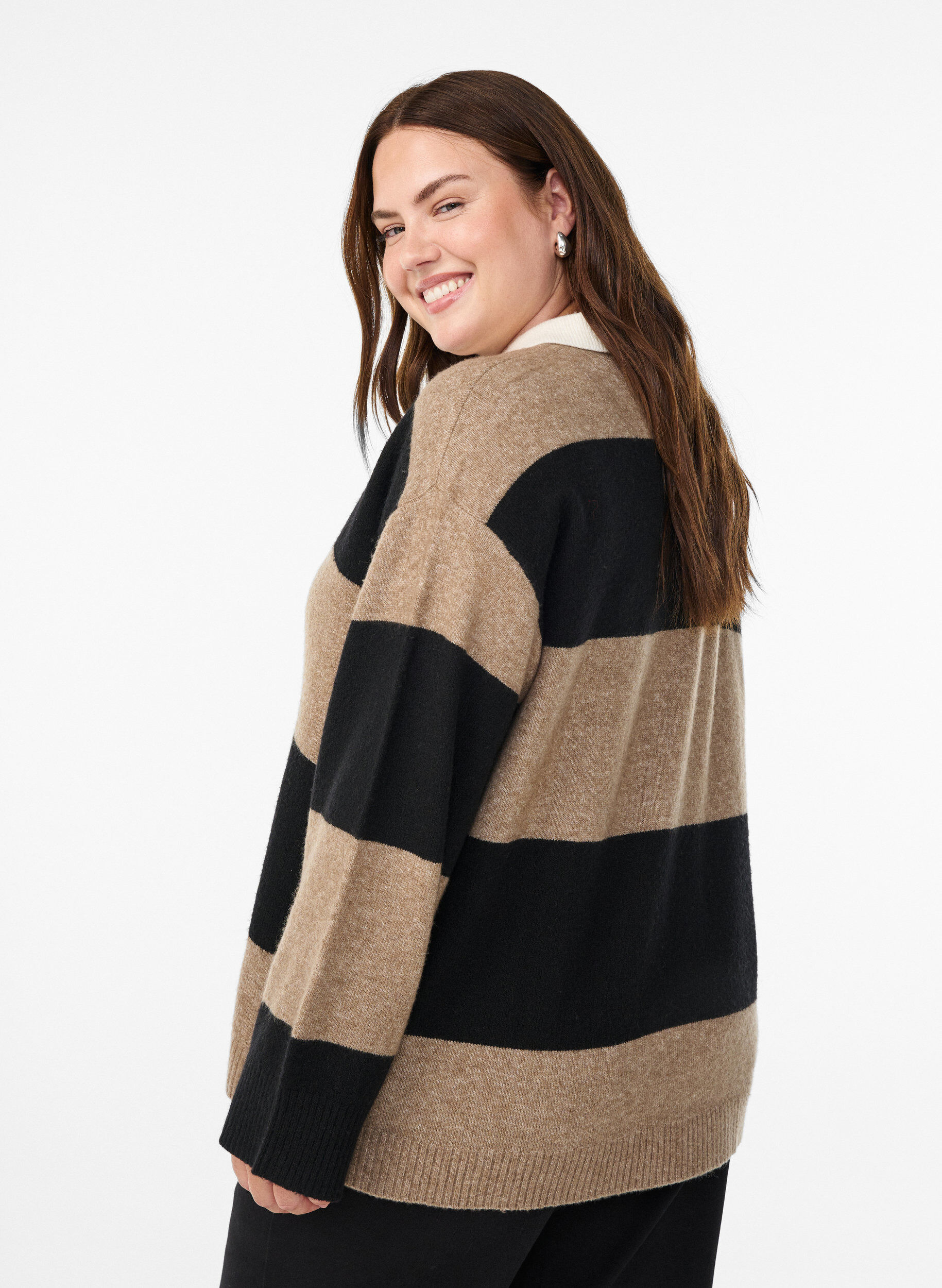 Zizzifashion Knit blouse with collar and V-neckline, Black, Model image number 2