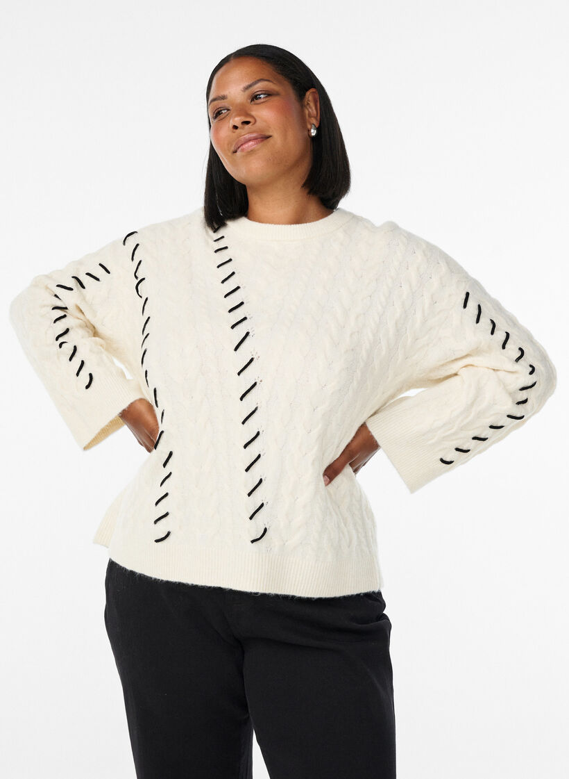 Knitted blouse with cable pattern and contrast details, Beige, Model image number 0