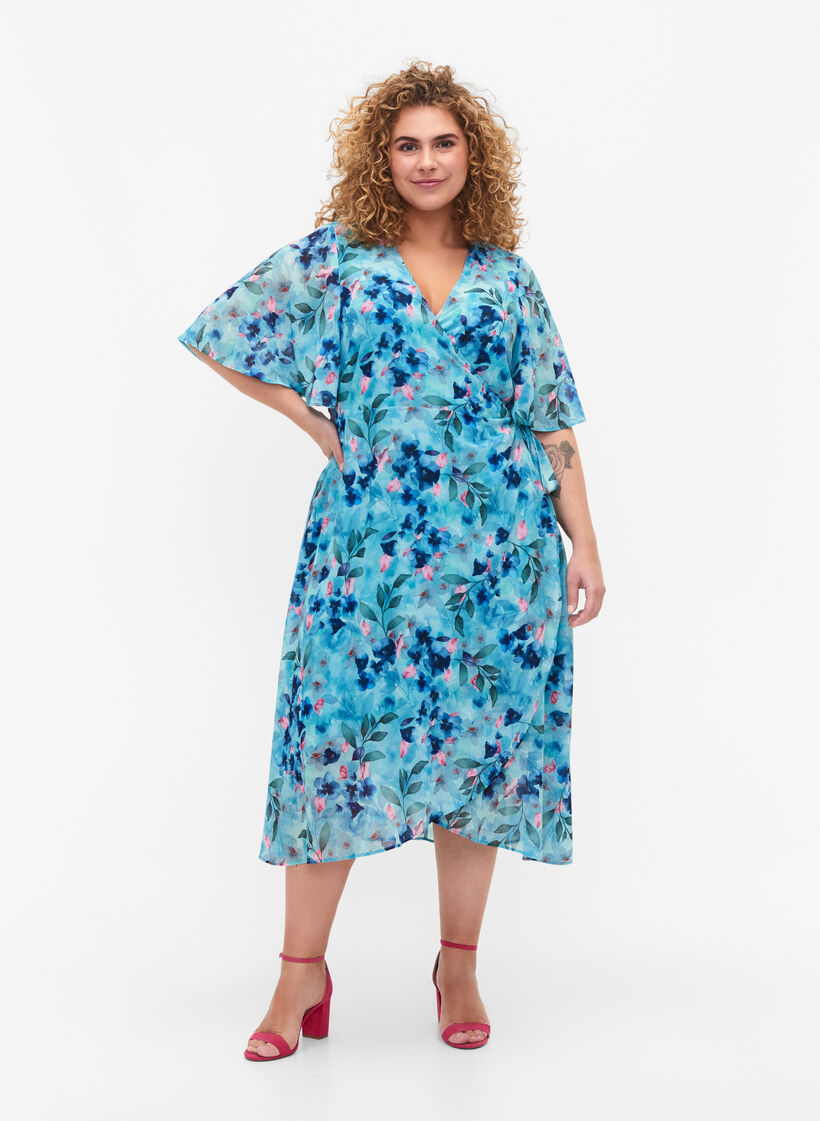 Short-sleeved wrap dress with floral print, Trellis AOP, Model image number 2