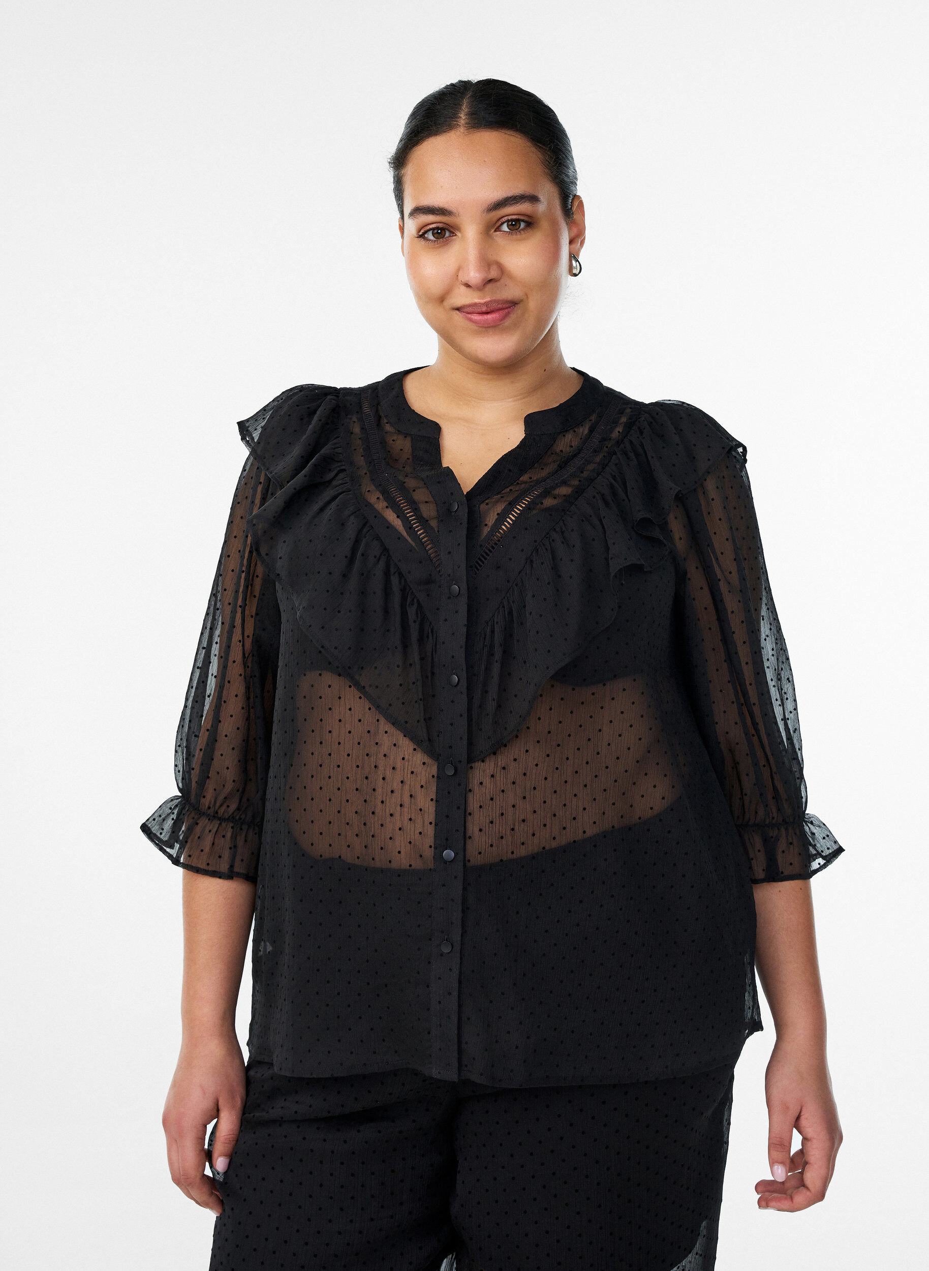 ZizzifashionSheer shirt blouse with dots and ruffle details, Black, Model image number 0