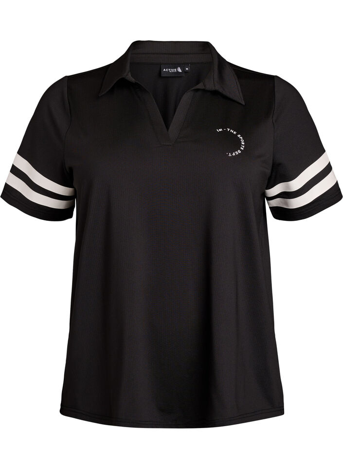 Sporty polo shirt with stripe details, Black, Packshot image number 0