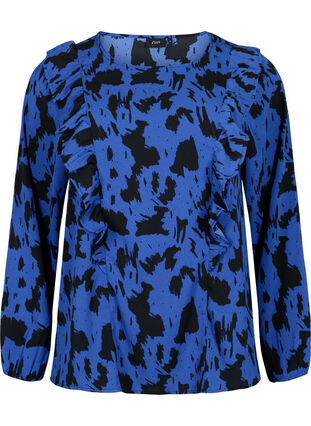 Long sleeved blouse with ruffles, Black Blue AOP, Packshot image number 0