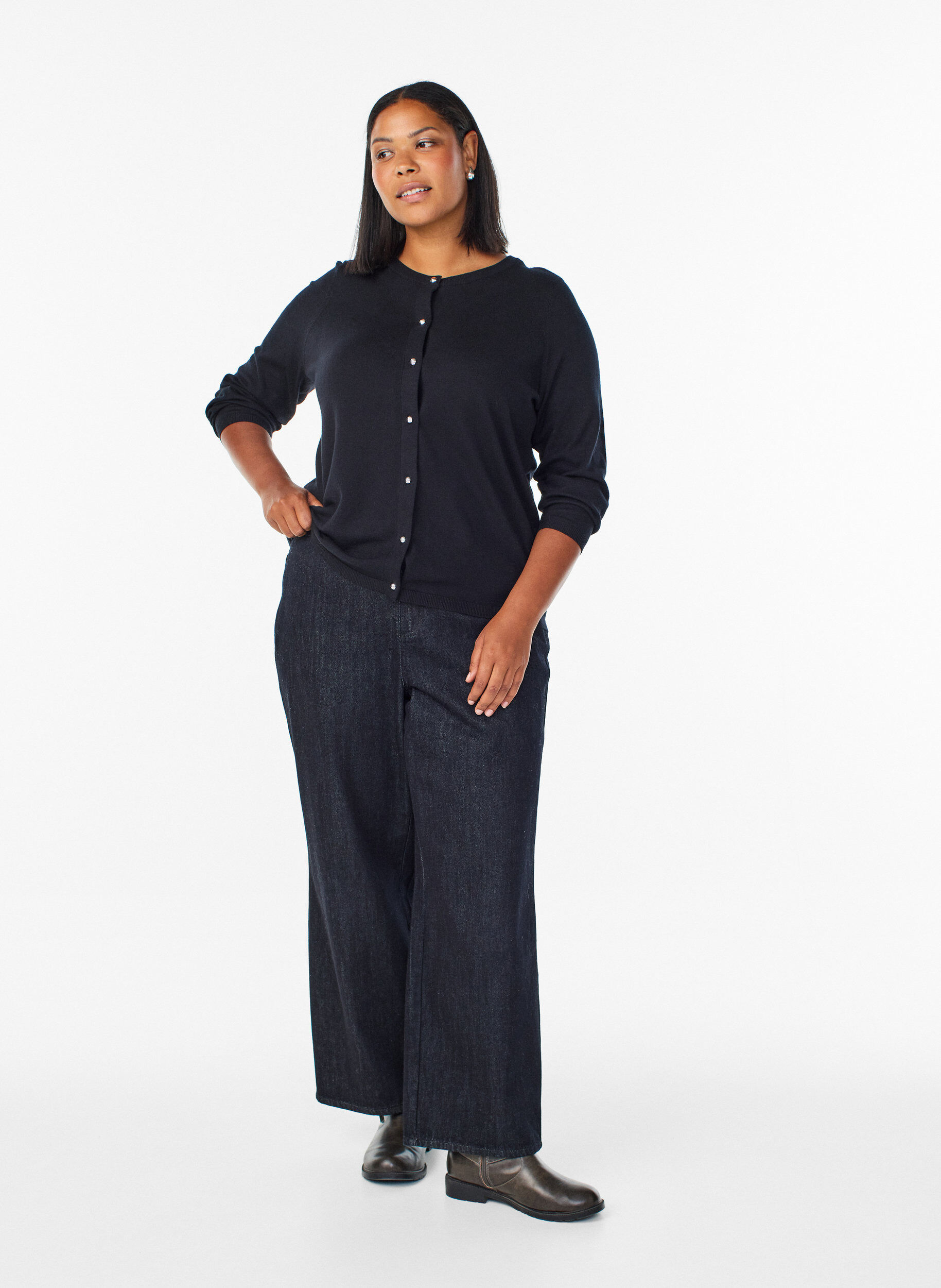 ZizzifashionCardigan with round buttons, Black, Model image number 1
