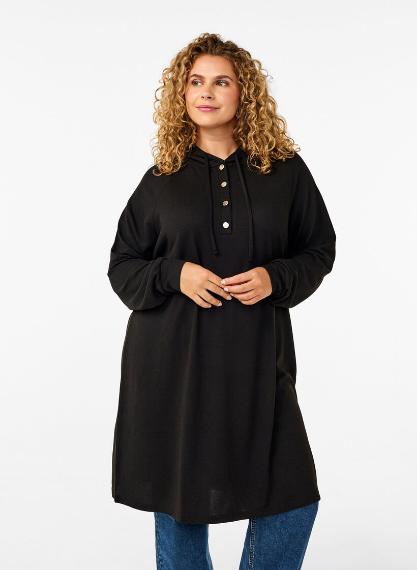 Long-sleeved sweat dress with hood, Black, Model image number 0