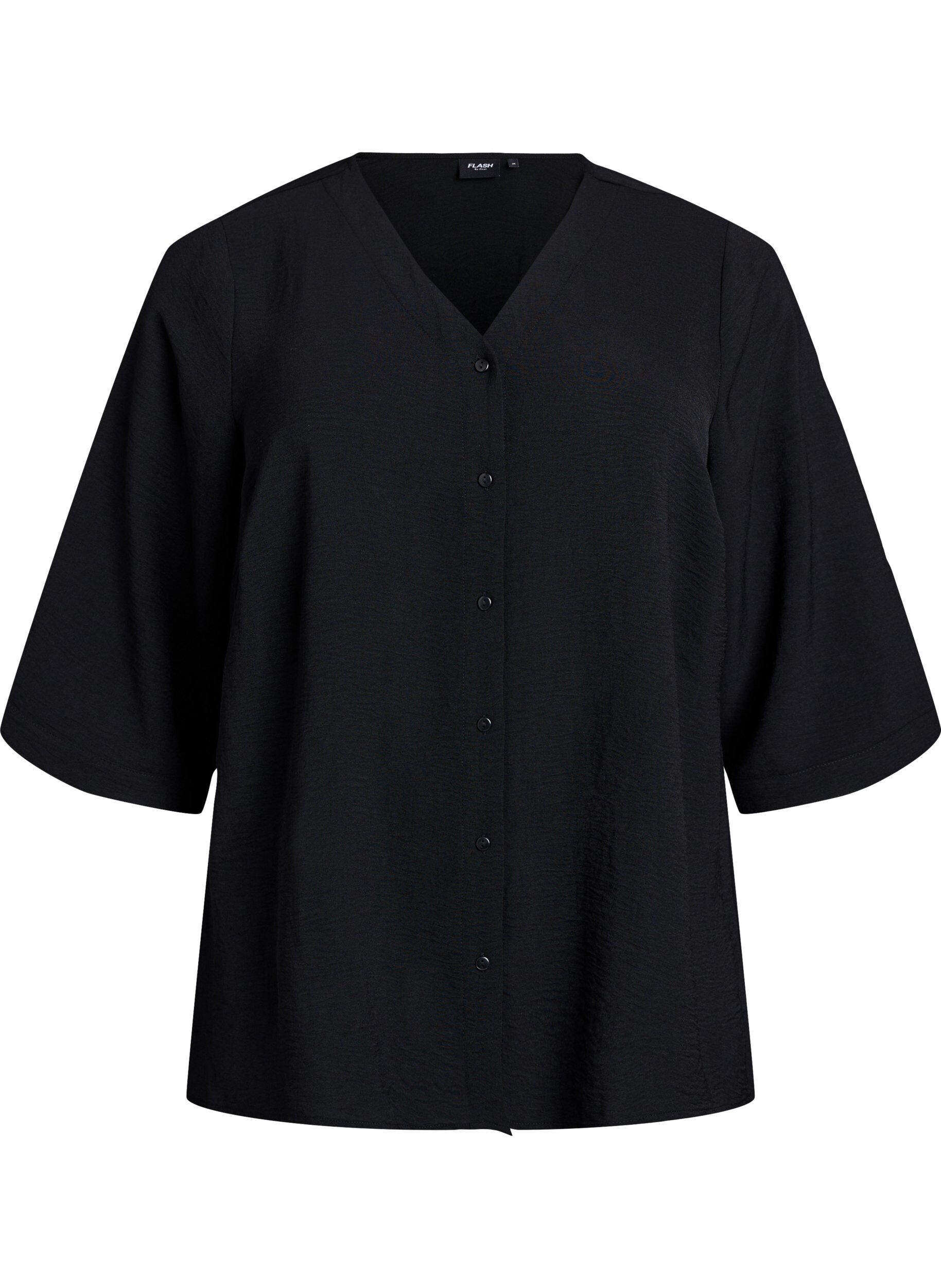 Zizzifashion Shirt blouse with V-neck and 3/4 sleeves, Black, Packshot image number 0