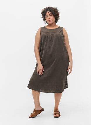 Sleeveless cotton dress in a-shape, Khaki, Model image number 2