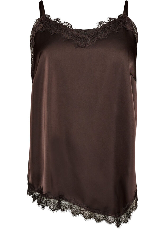 Satin top with lace trim and asymmetric hem, Brown, Packshot image number 0