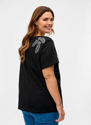 Short-sleeved cotton t-shirt with decorative rhinestones, Black Stone, Model image number 1