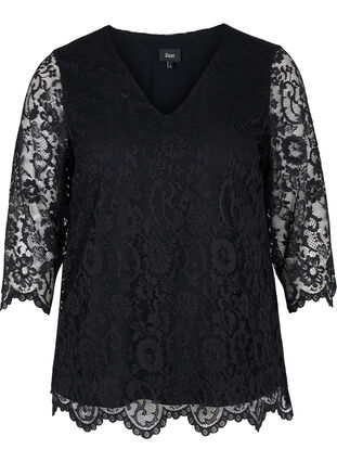 Lace blouse with 3/4 sleeves, Black, Packshot image number 0
