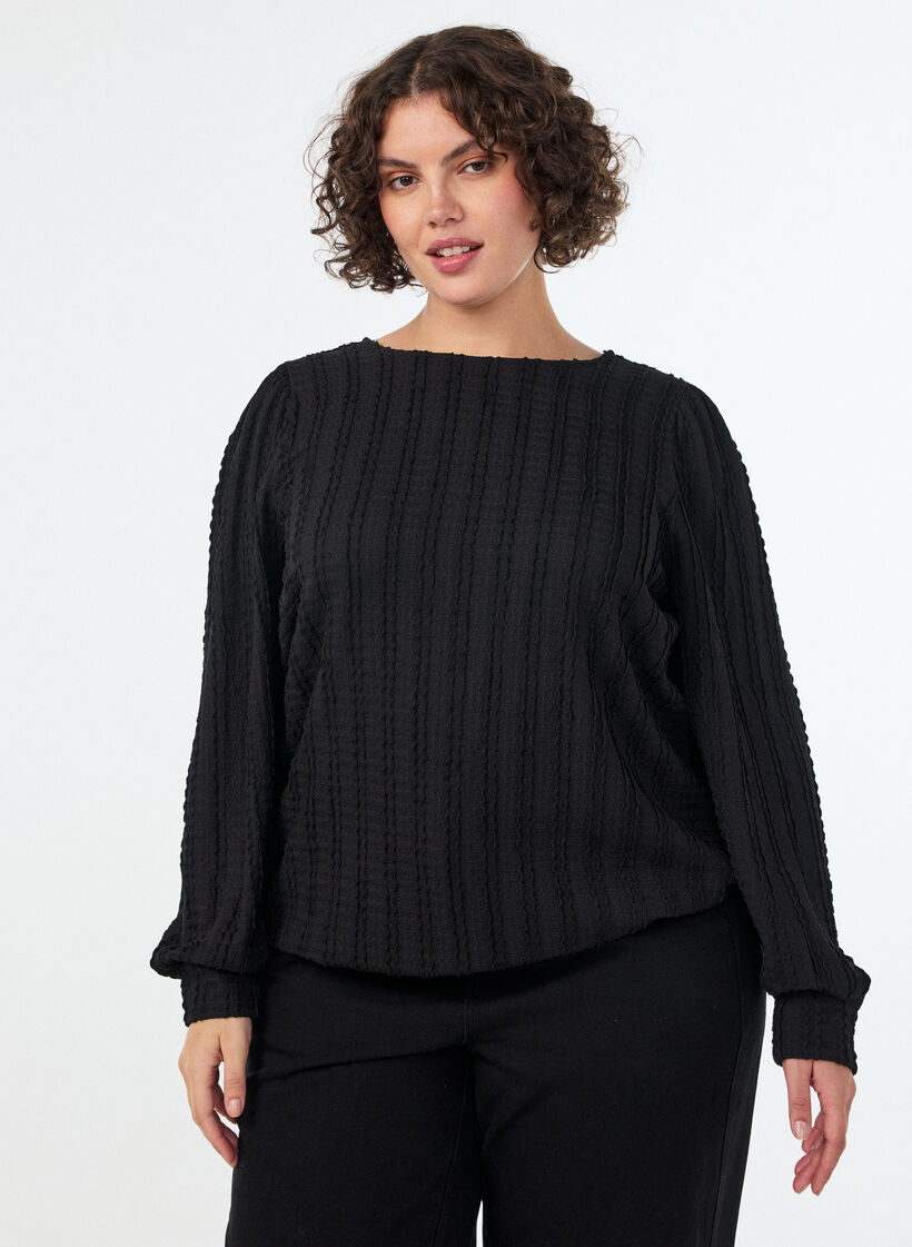 Textured jersey blouse with a balloon silhouette, Black, Model image number 0