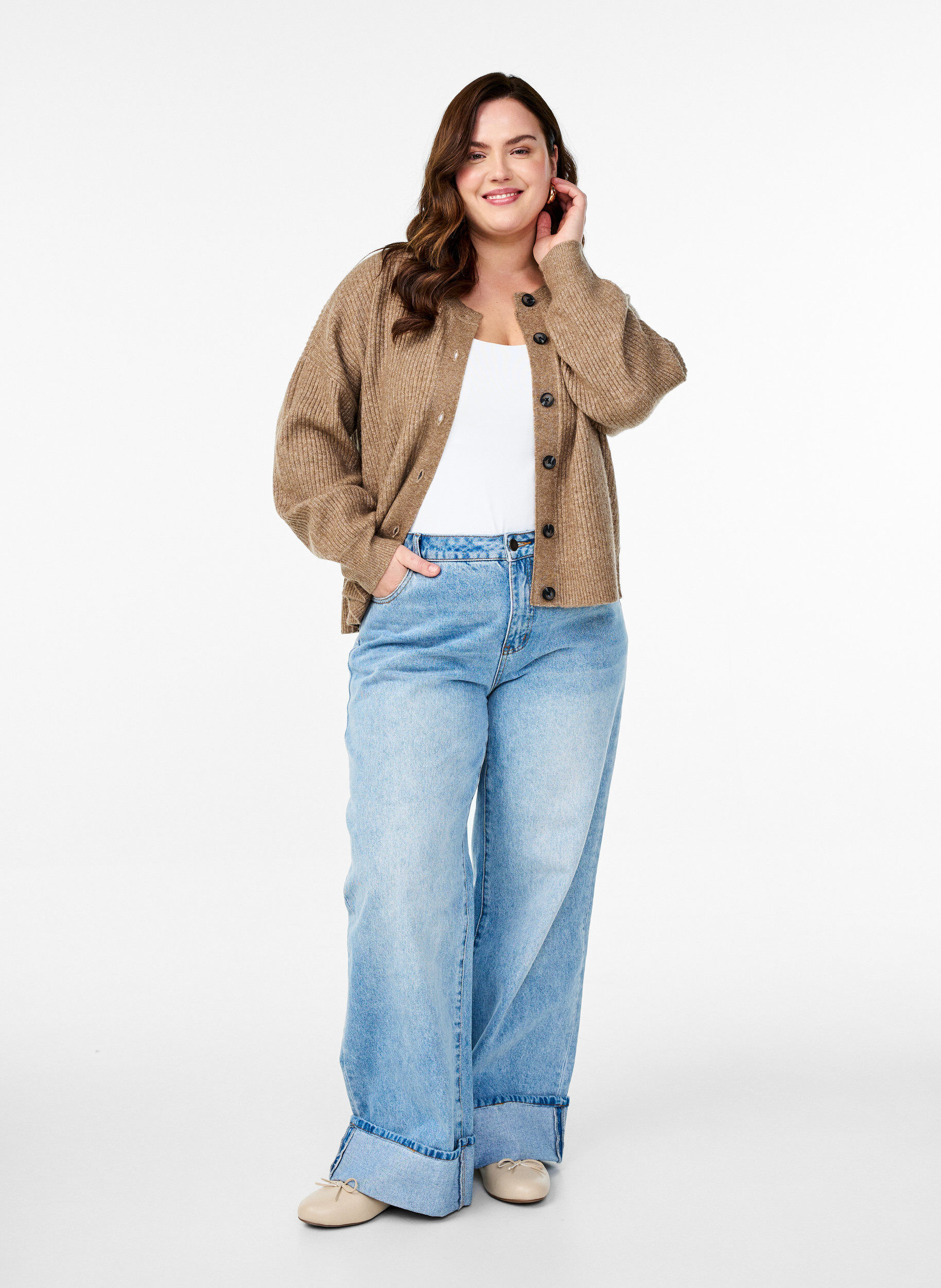 ZizzifashionRib knit cardigan with buttons, Brown, Model image number 1
