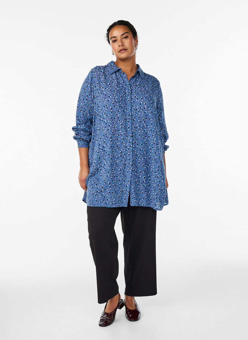 Long shirt with floral print, Blue, Model image number 1