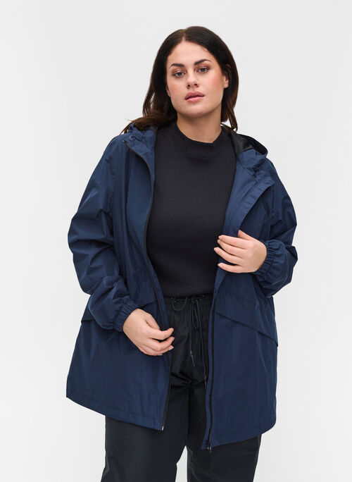 Rain jacket with adjustable bottom hem and hood