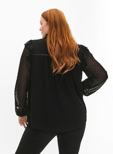 Shirt blouse with ruffles and dotted texture, Black, Model image number 1