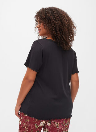 Short-sleeved pyjama top with lace trim, Black, Model image number 1