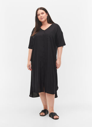 Short-sleeved viscose shirt dress, Black, Model image number 2