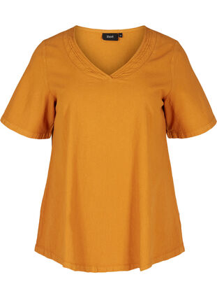 Short-sleeved blouse in cotton, Buckthorn Brown, Packshot image number 0