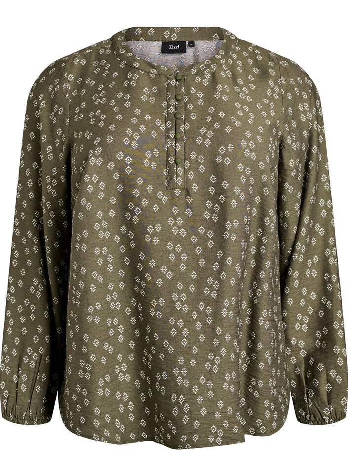Long-sleeved blouse with pattern and buttons, Green, Packshot image number 0