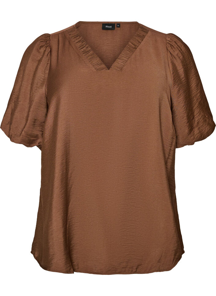 Blouse with balloon sleeves and V-neck, Brown, Packshot image number 0
