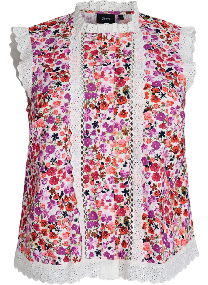 Sleeveless cotton blouse with floral print and broderie anglaise, Pink, Packshot image number 0