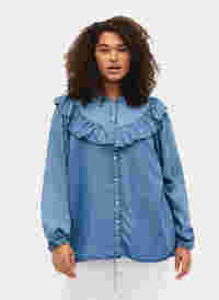 Long-sleeved shirt with ruffles in lyocell (TENCEL™), Blue denim, Model