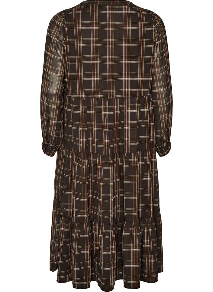 Checked midi dress with a tiered skirt, Brown, Packshot