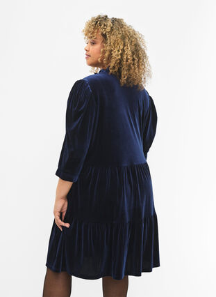 Velour dress with ruffle collar and 3/4 sleeves, Navy Blazer, Model image number 1