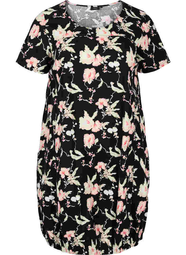 Short-sleeved, printed cotton dress, Black Rose Flowers, Packshot image number 0