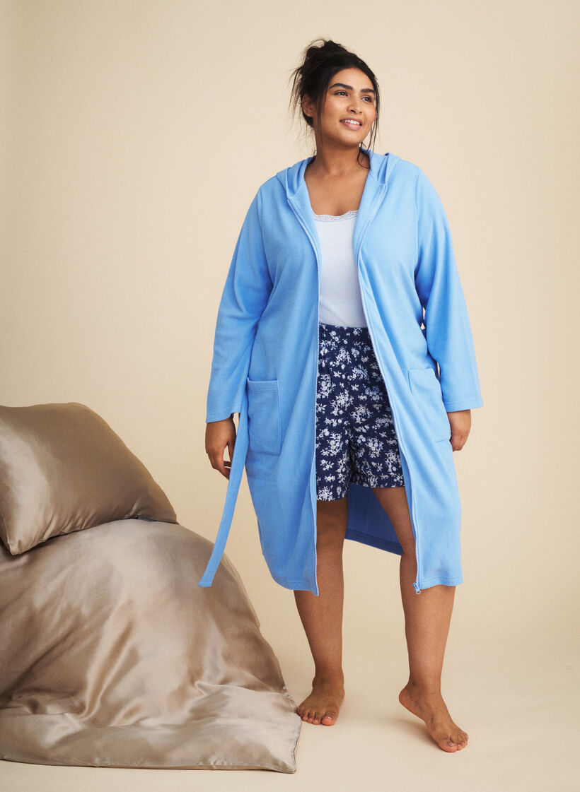 Morning robe with zipper and hood, Light Blue, Image image number 0