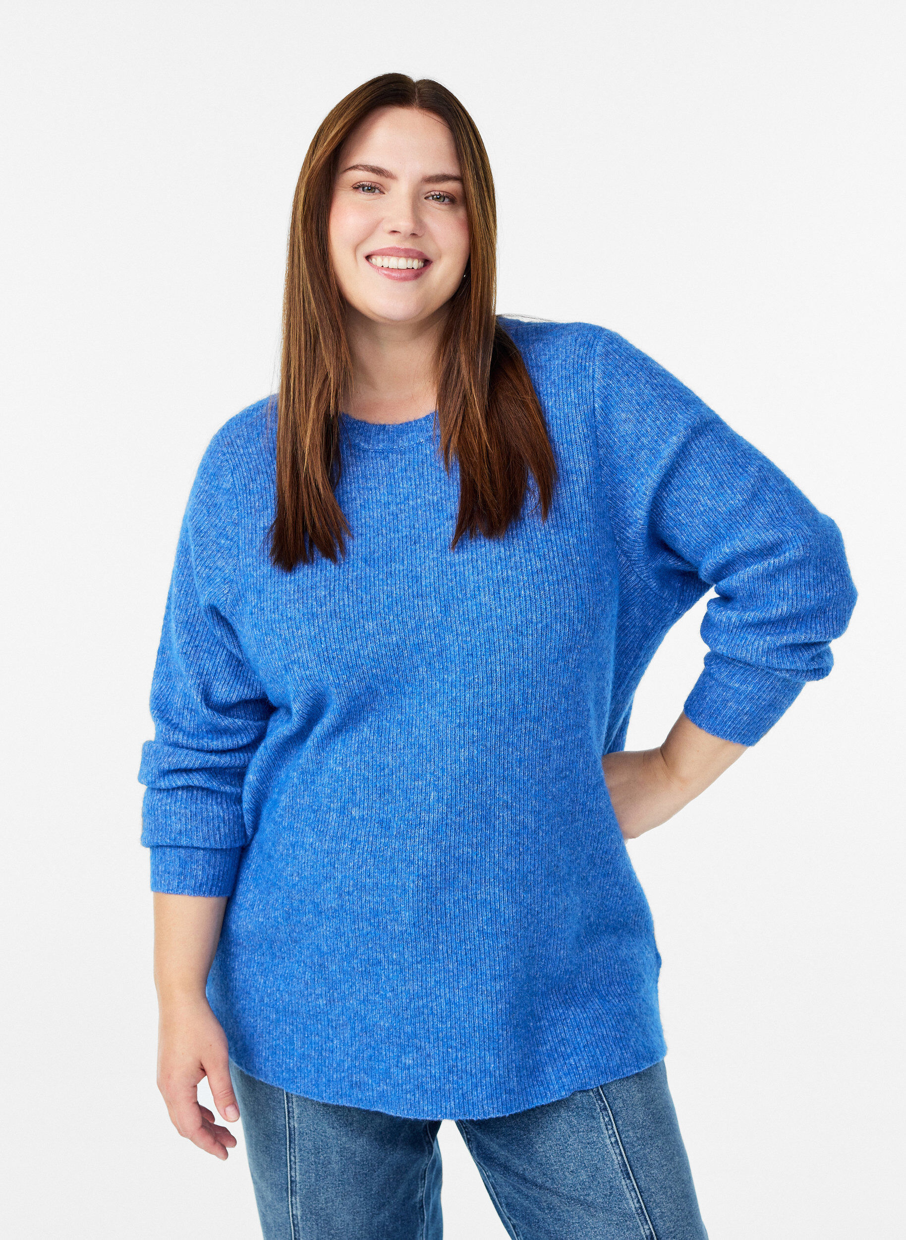 Melange knit blouse with round neck, Blue, Model