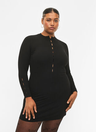 Fitted dress with cut-out details, Black, Model image number 0