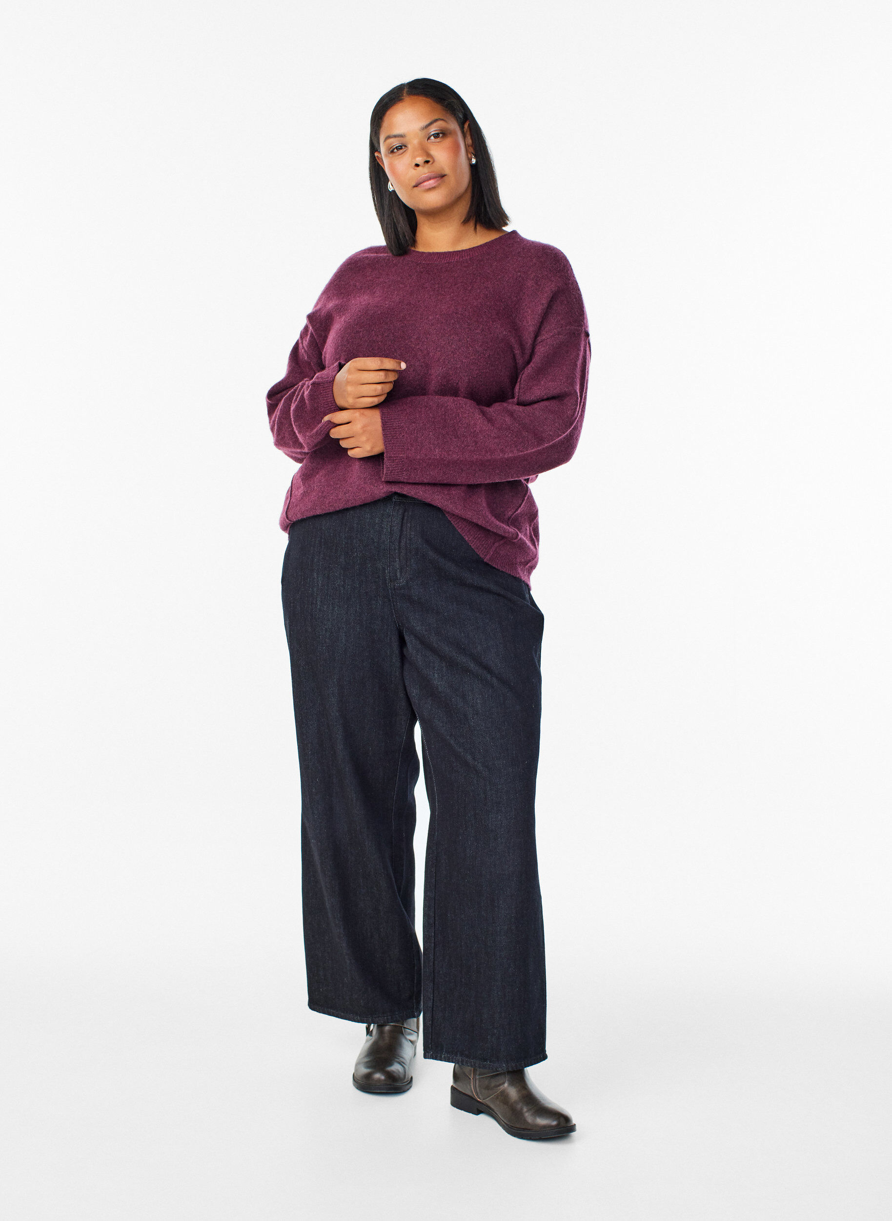 ZizzifashionLoose knit sweater with prominent seams, Dark Bordeaux, Model image number 1