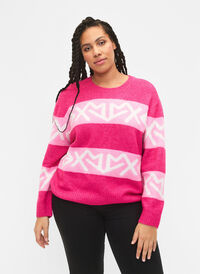 Striped knit sweater with graphic pattern, Raspberry Rose Comb, Model
