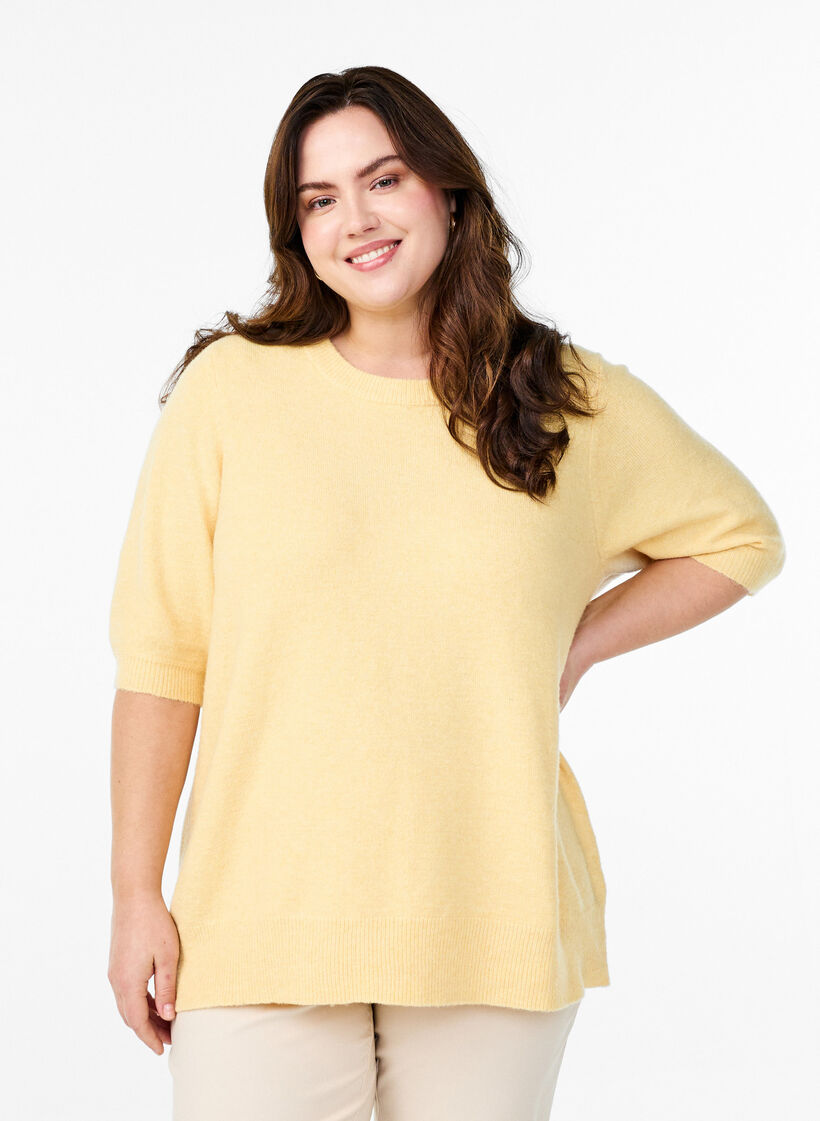 Knitted blouse with short sleeves, Yellow, Model image number 0