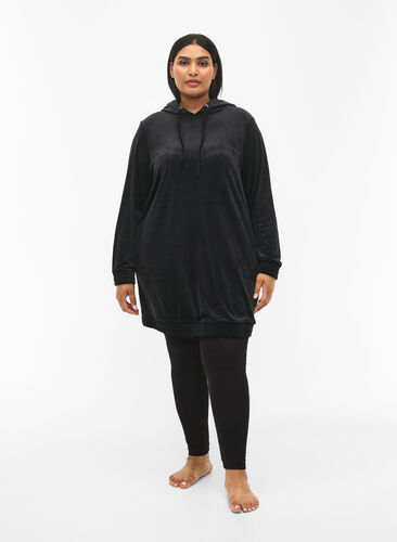Hooded, velour sweatshirt dress , Black, Model image number 3