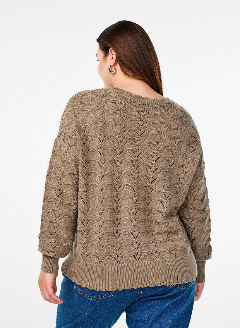 Long-sleeved knit blouse with an openwork pattern, Desert Taupe, Model image number 1