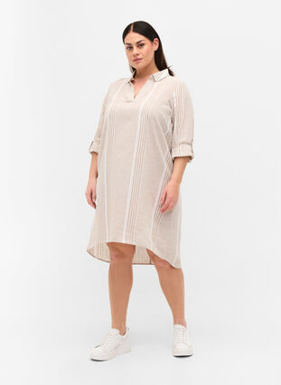 Striped dress made with cotton and linen, White Taupe Stripe, Model image number 2