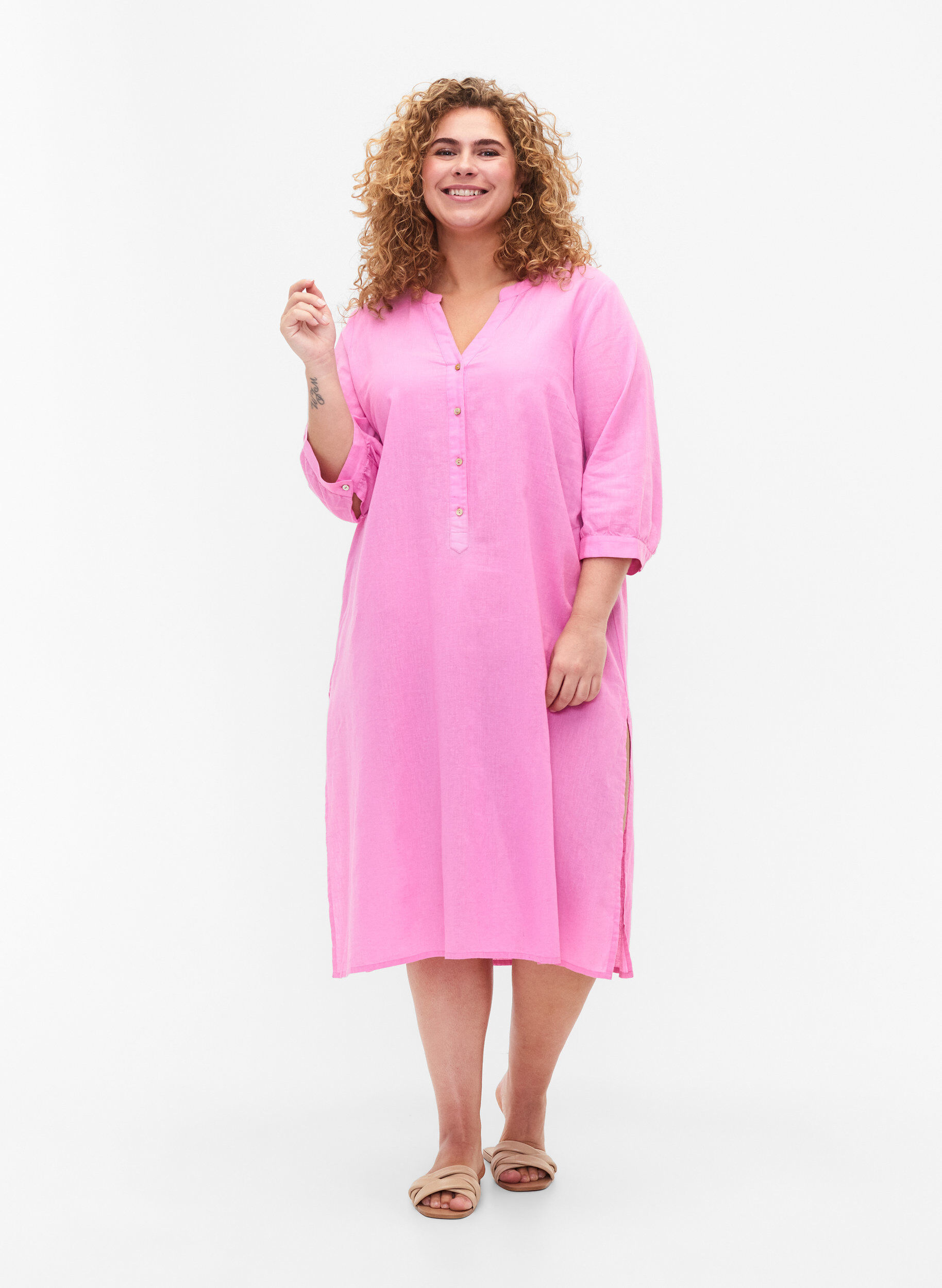 Zizzifashion Long shirt dress with 3/4 sleeves, Begonia Pink, Model image number 2