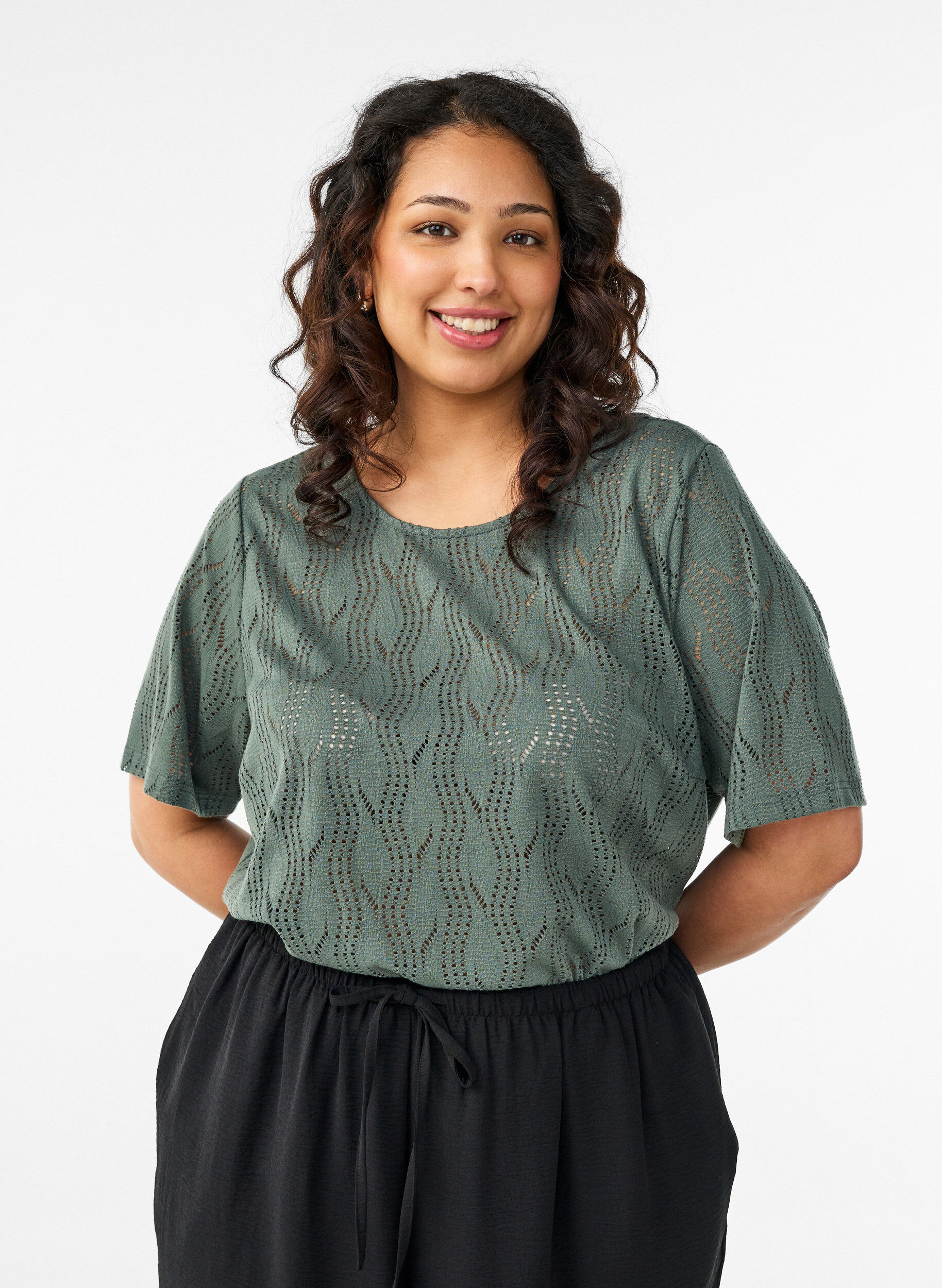 Zizzifashion Jersey t-shirt with eyelet embroidery, Green, Model image number 0