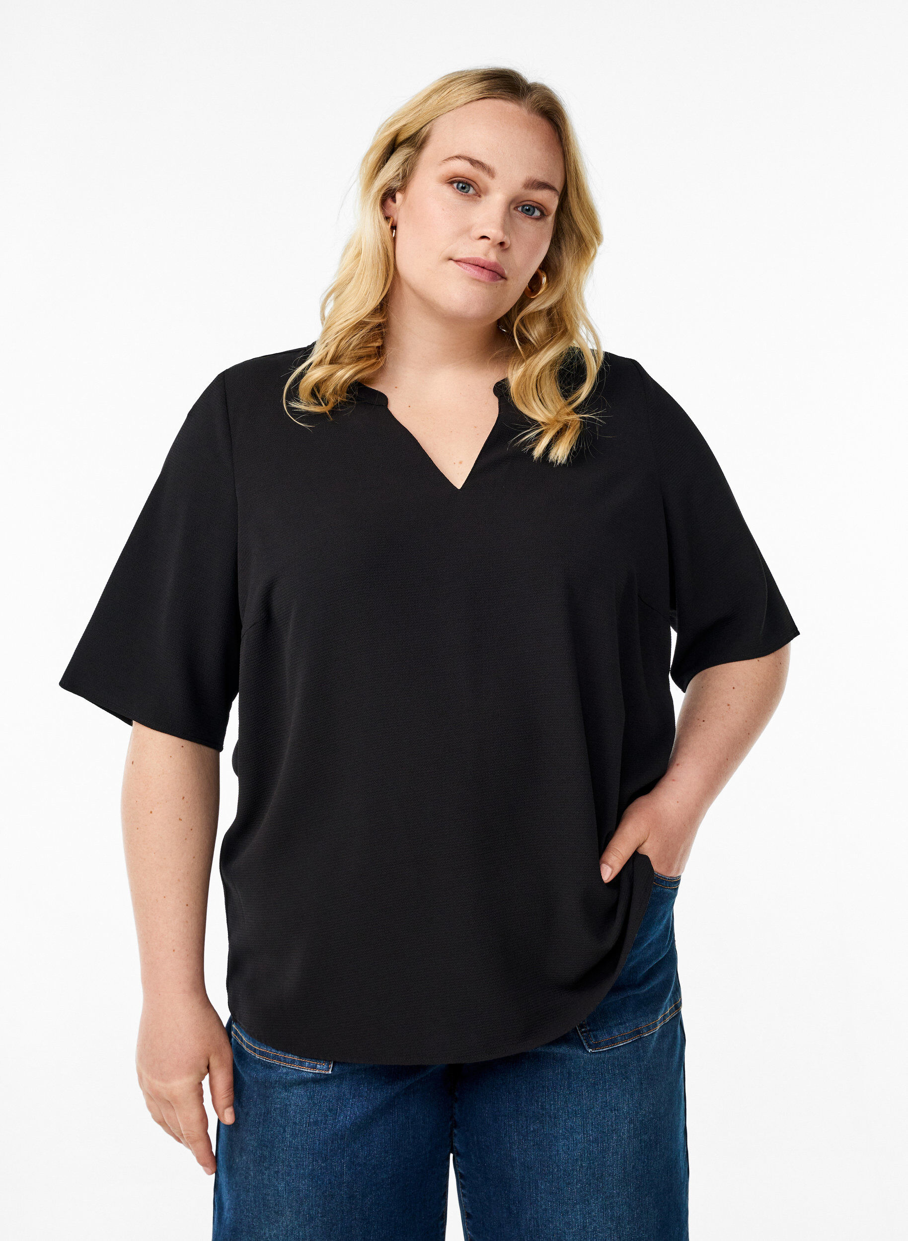 Short-sleeved blouse with V-neck, Black, Model