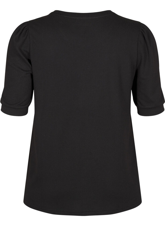 Blouse with button detail and short puff sleeves, Black, Packshot image number 1