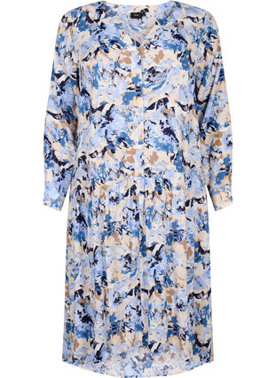 Printed viscose midi dress with long sleeves, Blue Graphic AOP, Packshot image number 0