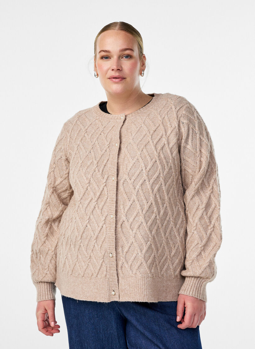 Cable knit cardigan with pearl buttons, Beige, Model image number 0