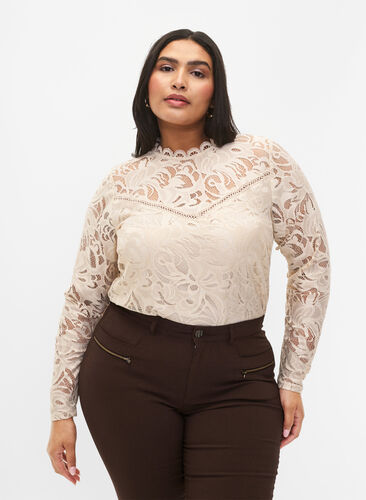 Long-sleeved lace blouse, Champagne, Model image number 0