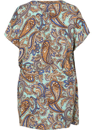 Printed viscose tunic with short sleeves and tie-string, Dusty Jade Green AOP, Packshot image number 1